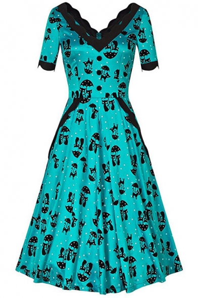 Glamorous Cartoon Printed Scallop V-Neck Half Sleeve Maxi A-Line Dress