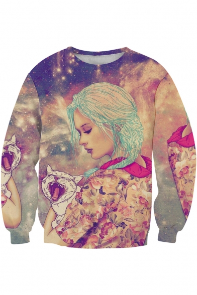 Hot Fashion 3D Cartoon Girl with Cat Printed Round Neck Long Sleeve Pullover Sweatshirt