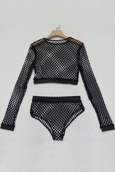 Hot Fashion Sexy Hollow Out Fishnet Round Neck Long Sleeve Cropped Top with Shorts