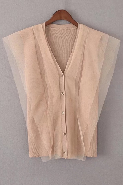 New Arrival Mesh Patchwork Single Breasted Sleeveless V-Neck Plain Knitted Vest