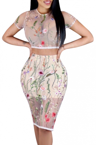 New Sexy Sheer Mesh Floral Embroidered Round Neck Short Sleeve Tee with Bodycon Skirt