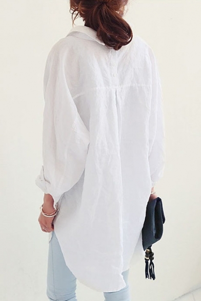 Oversize Loose Lapel Collar Long Sleeve Plain Leisure Tunic Shirt