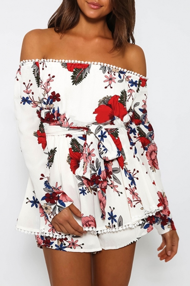 Sexy Off The Shoulder Long Sleeve Floral Printed Rompers with Waistband