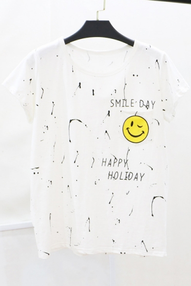 Summer's Letter Happy Face Printed Round Neck Short Sleeve Pullover T-Shirt