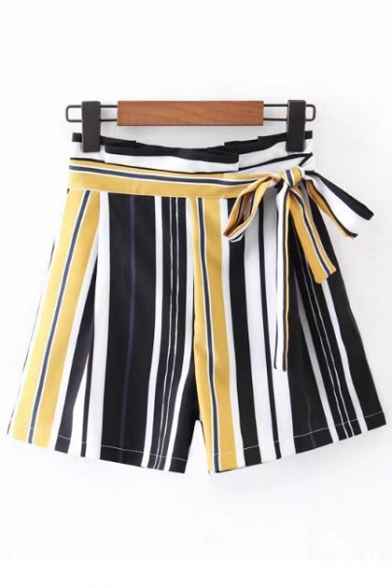 Vertical Striped Color Block High Waist Shorts