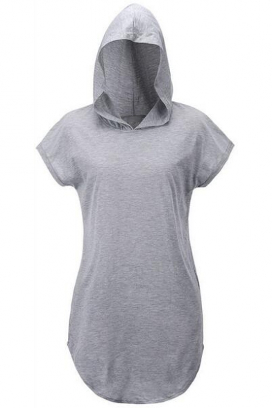 Women's Hooded Short Sleeve Plain Mini Sweatshirt Dress