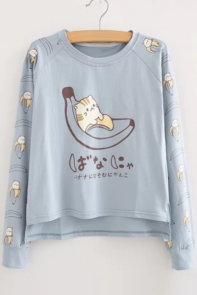 Cartoon Cat Printed Long Sleeve Round Neck Loose Leisure T-Shirt