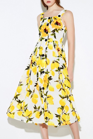 Chic Floral Printed Sleeveless Squared Neck Midi A-Line Dress