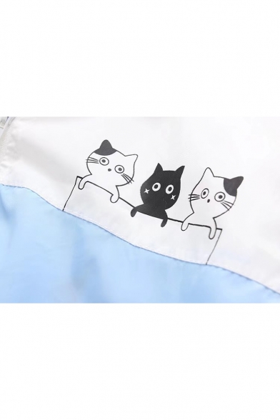 Cute Cartoon Cat Pattern Color Block Long Sleeve Hooded Zip Up Coat