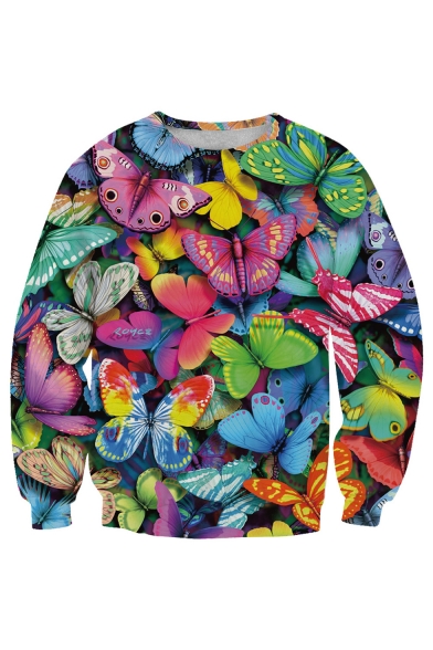 Digital Colorful Butterflies Pattern Round Neck Long Sleeve Pullover Sweatshirt