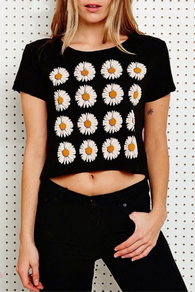 Fashion Sunflower Printed Short Sleeve Round Neck Tee