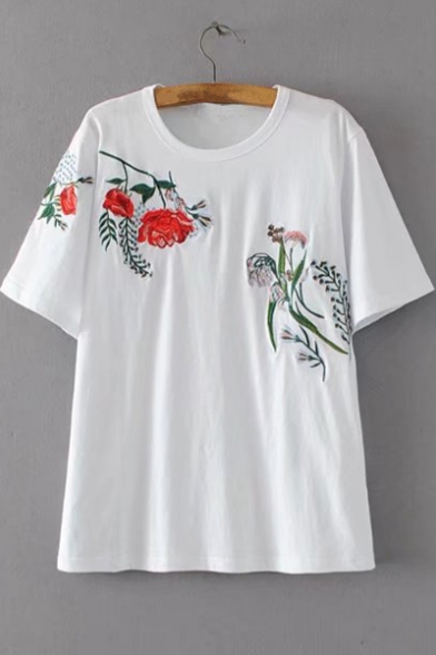 Floral Embroidered Round Neck Short Sleeve Pullover Loose Casual T-Shirt