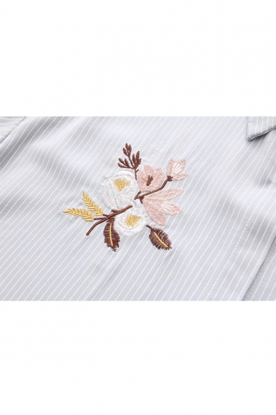 Floral Embroidered Striped Printed Lapel Collar Half Sleeve Summer's Shirt