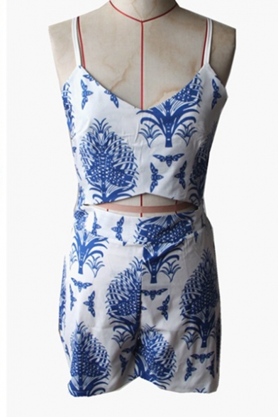 Hot Fashion Spaghetti Straps Printed Hollow Out Waist Chic Rompers