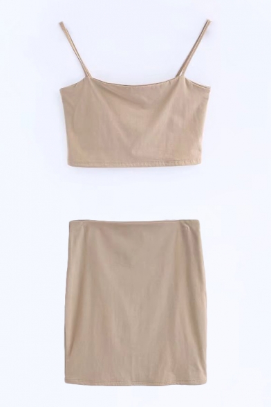 New Fashion Sexy Plain Cropped Cami Top with Mini Bodycon Skirt
