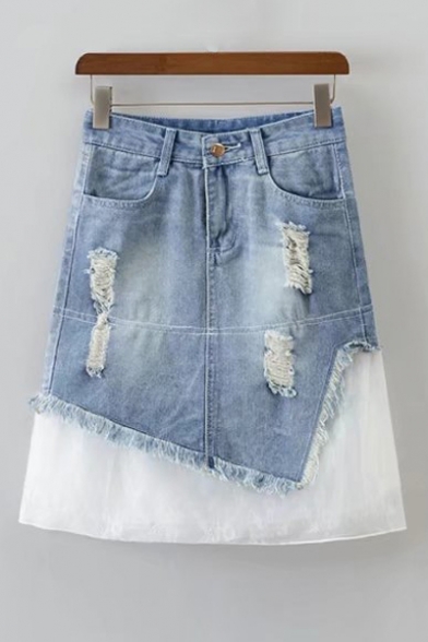 New Stylish Mesh Patchwork Ripped Midi Denim Skirt