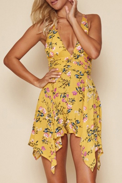 Plunge Neck Sleeveless Floral Pattern Asymmetrical Trim Rompers