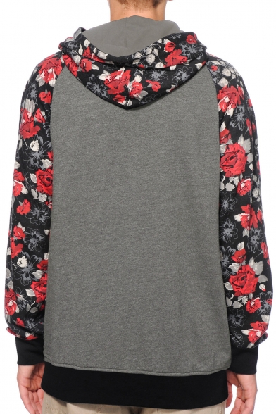 Retro Floral Pattern Long Sleeve Color Block Oversize Hoodie with Pockets