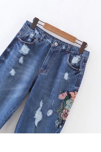 Ripped Floral Embroidered Asymmetrical Cuff Skinny Jeans