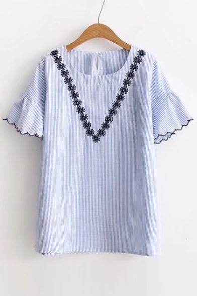 Scallop Bell Short Sleeve Embroidery Floral Pattern Scoop Neck Striped Blouse