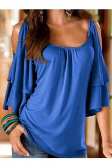 Scoop Neck Cold Shoulder Ruffle Sleeve Plain Pullover T-Shirt