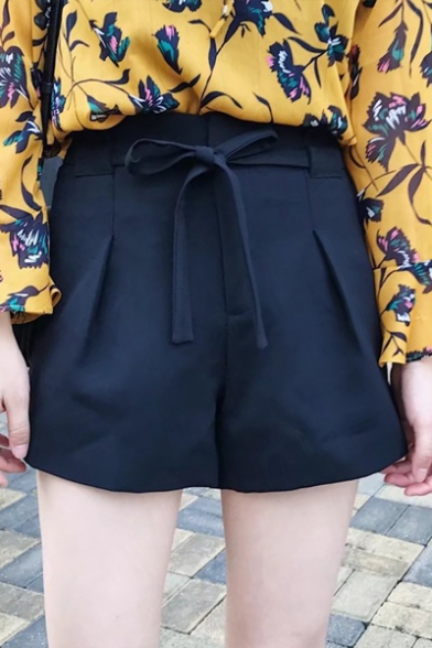 Simple Fashion Belt High Waist Plain Wide Leg Shorts