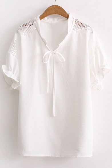 Simple Plain Round Neck Short Sleeve Bow Tie Front Cut Out Pullover Blouse
