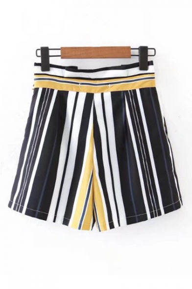 Vertical Striped Color Block High Waist Shorts