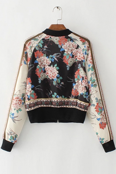 Vintage Floral Printed Contrast Collar Long Sleeve Zip Fly Jacket