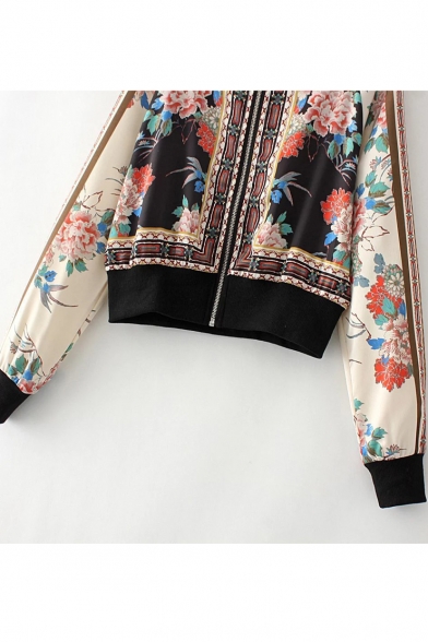 Vintage Floral Printed Contrast Collar Long Sleeve Zip Fly Jacket