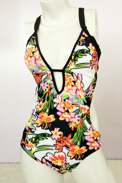 Vintage Floral Printed Plunge Neck New Arrival One Piece Swimwear
