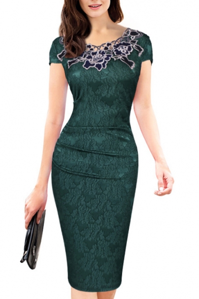 Women's Elegant Short Sleeve Round Neck Lace Midi Pencil Dress