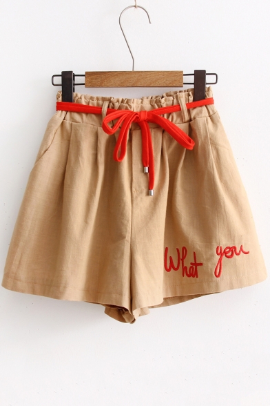 Women's Loose What You Embroidery Letter Elastic Waist Wide Leg Shorts