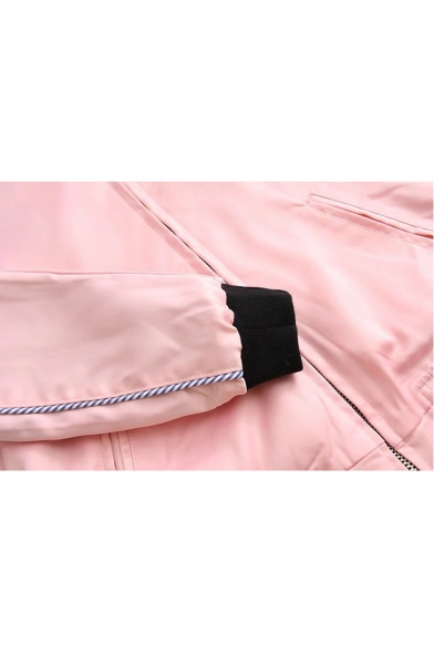 Fashion Embroidery Floral Pattern Raglan Long Sleeve Zipper Placket Bomber Jacket