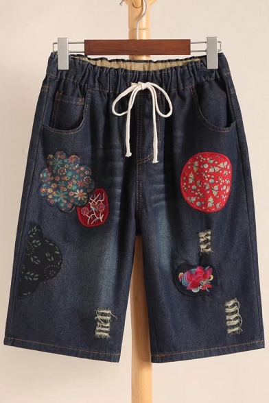 Fashion Embroidery Pattern Ripped Drawstring Elastic Waist Capris Jeans
