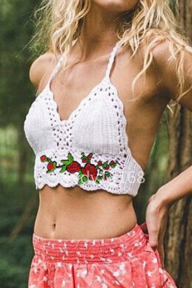 Fashion Halter Embroidery Floral Pattern Sleeveless Open Back Cropped Knitted Cami Tank