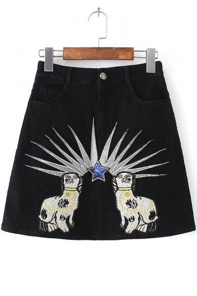 High Waist Cartoon Embroidered Denim A-Line Mini Skirt