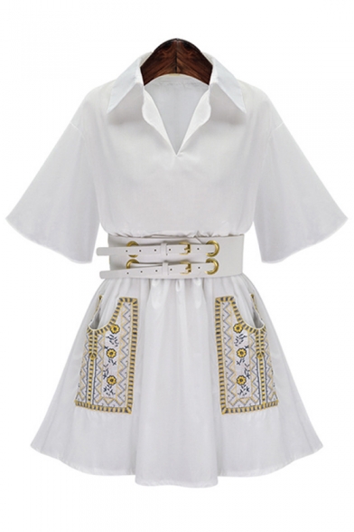 Lapel Collar Short Sleeve Tribal Embroidered A-Line Mini Dress with Belt