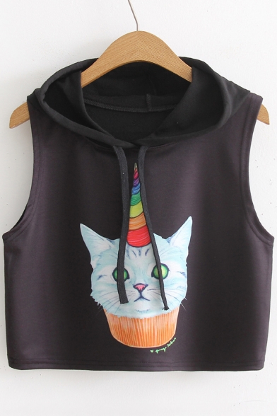 Lovely Cartoon Cat Printed Sleeveless Drawstring Hooded Cropped Top