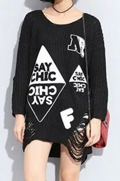 New Stylish V Neck Long Sleeve Letter Patched Cut Out Pullover Sweater