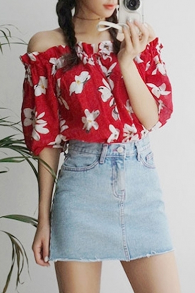 Off The Shoulder Fresh Floral Printed Blouse with Mini Plain Denim Skirt