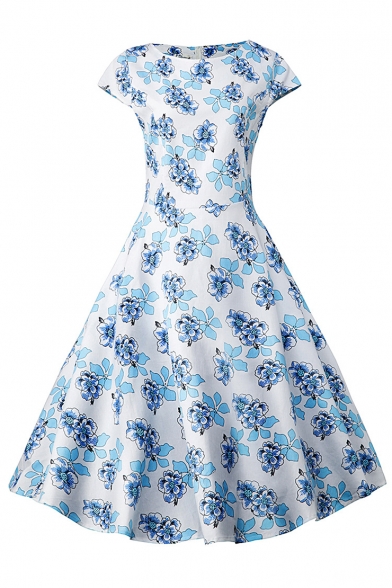 Retro Floral Printed Round Neck Cap Sleeve Fit & Flare Midi Flared Evening Dress