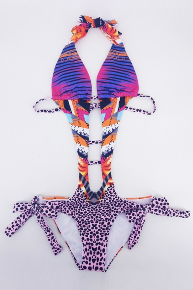 Sexy Leopard Print Halter Neck Cut Out One Piece Swimwear