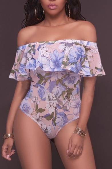 Sexy Ruffle Front Short Sleeve Floral Printed Bodysuit One Piece Swimwear
