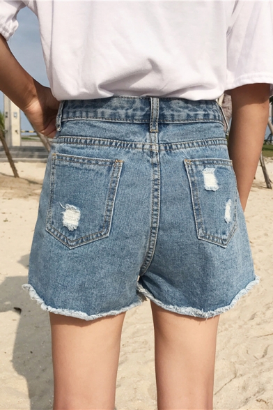 Summer's High Rise Floral Embroidered Ripped Raw Edge Denim Shorts