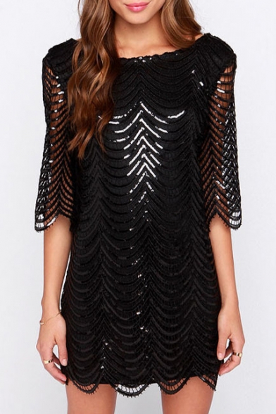Summer's Sexy Hollow Out Sequined Half Sleeve Open Back Mini Shift Dress