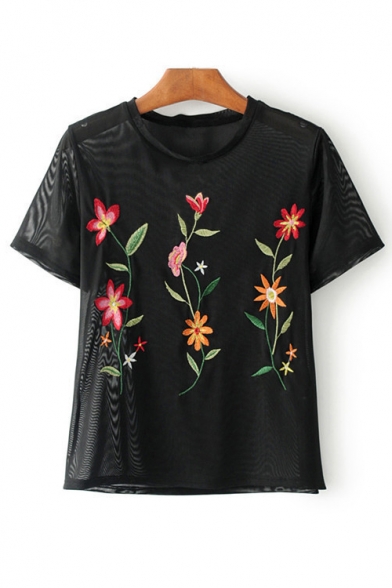 Summer See Through Embroidery Floral Pattern Round Neck Short Sleeve Mesh Tee