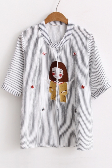 Cartoon Girl Vertical Striped Printed Short Sleeve Buttons Down Shirt