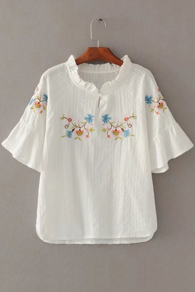 Embroidery Floral Pattern Bell Short Sleeve Round Neck Blouse