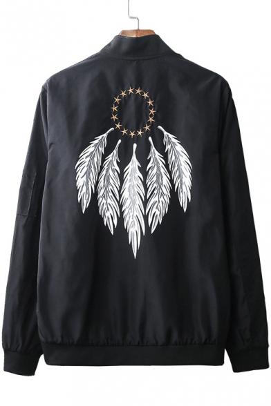Feather Pattern Long Sleeve Stand Up Collar Chic Oversize Bomber Jacket